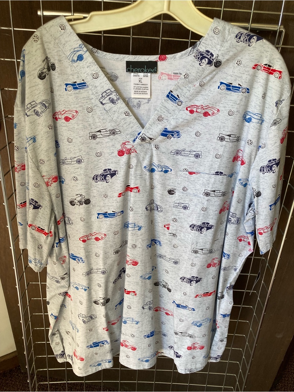 Cherokee Men’s Vehicle-Print Scrub Top - Red & Blue Cars NWT